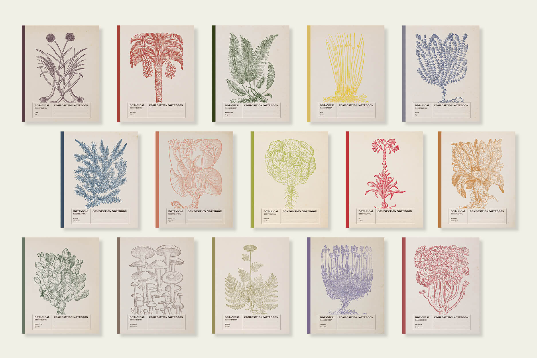 Composition Notebooks / Vintage Botanical Illustrations / Linocut Series / Botanicals include lavender, lilies, succulents and woodferns.