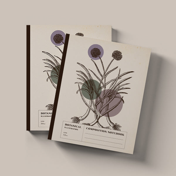 Composition Notebooks / Vintage Botanical Illustrations / Leek Allium / Colored Circles Series on warm gray background.