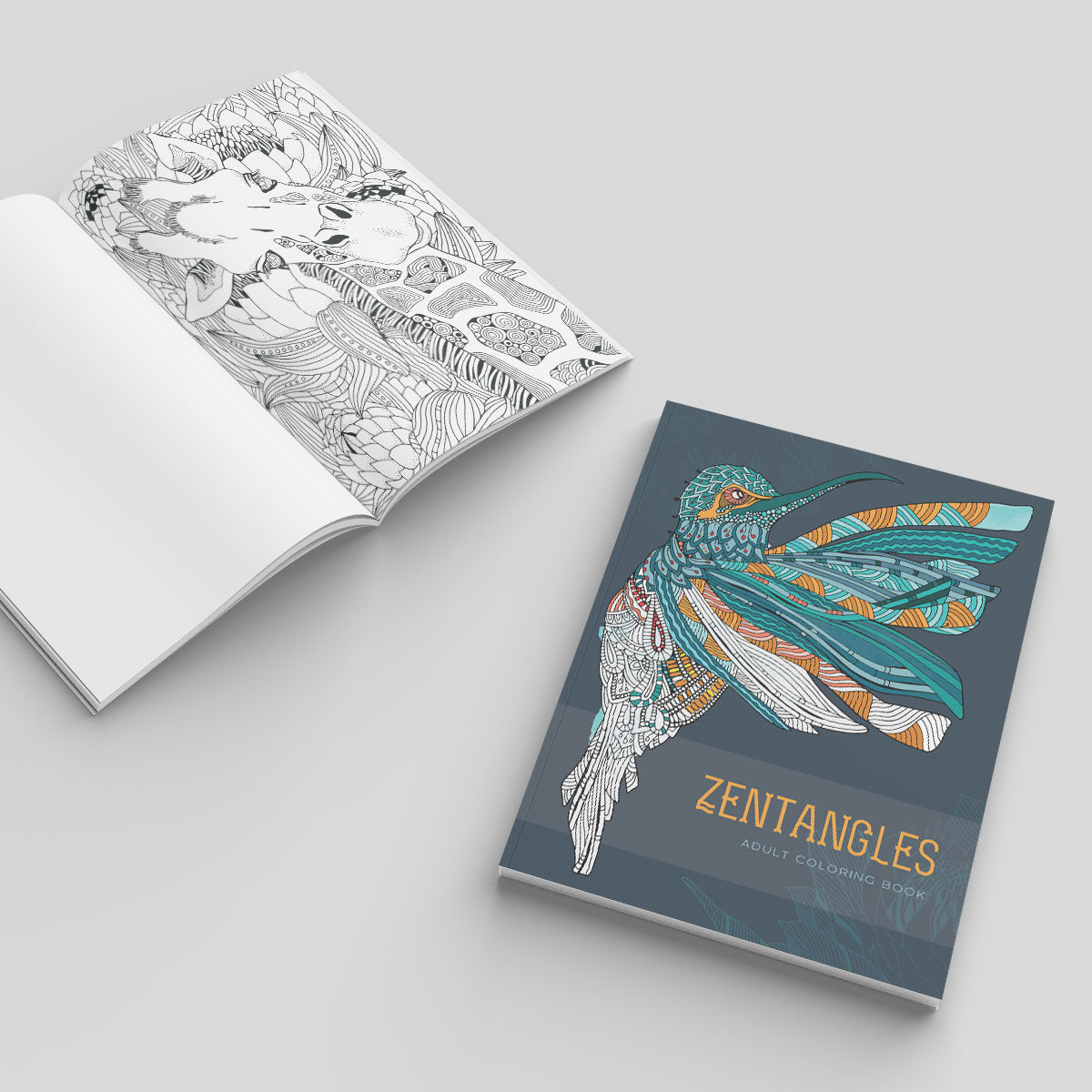 Zentangles coloring book for adults featuring African-inspired drawings of animals, fruit and landscapes. Open page shows a giraffe against a background of protea flowers.